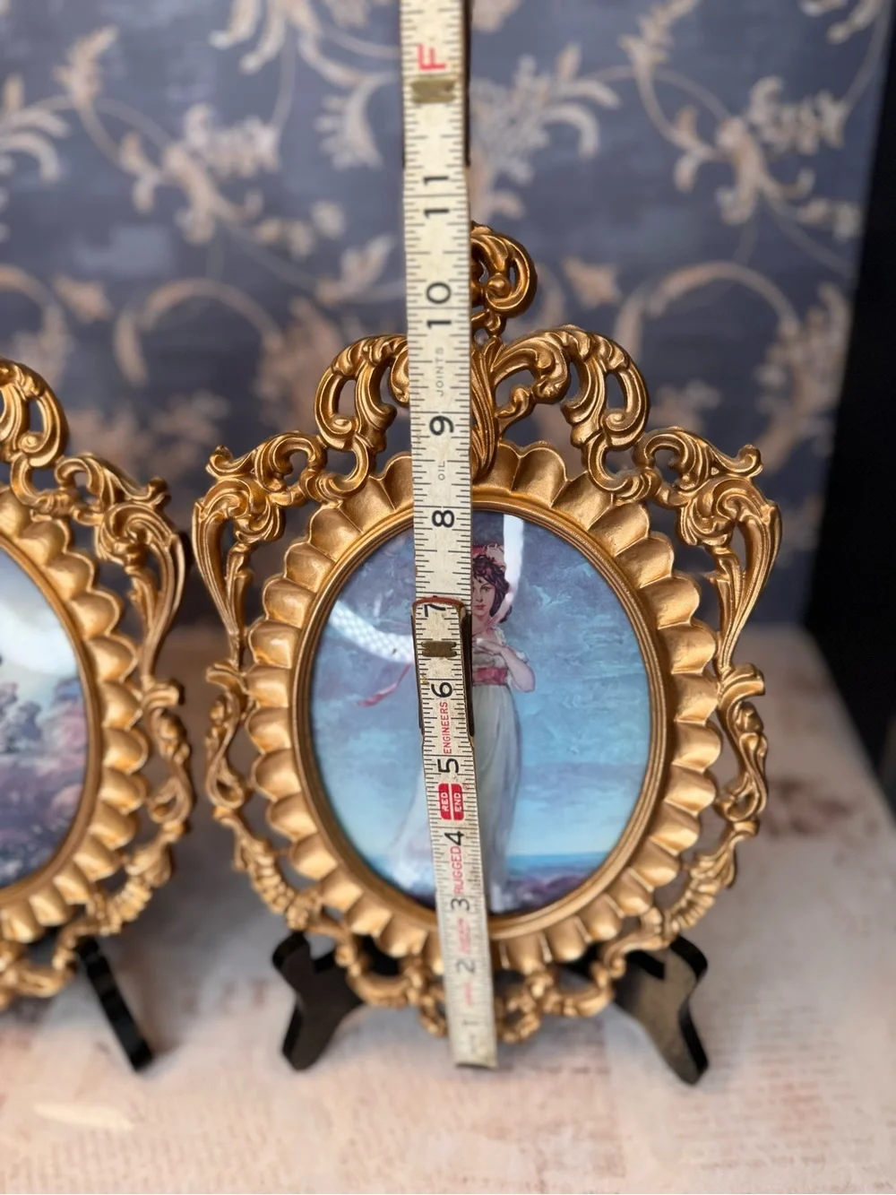 Vintage Pinky & Blue Boy Convex Print Pair Ornate Gold Tone Resin Frames